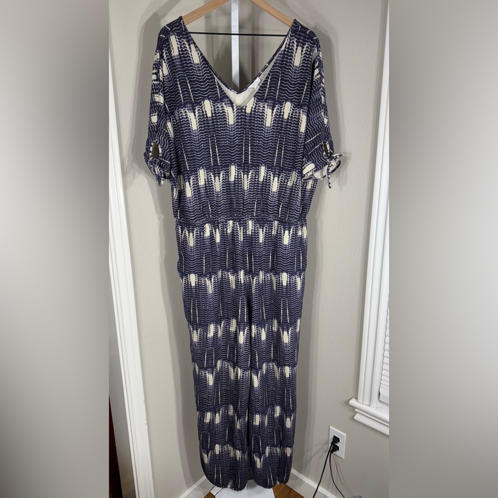 Garnet Hill Women’s Medium Navy Blue/Cream Tie-Sleeve Knot Jumpsuit Size XL - Picture 2 of 10